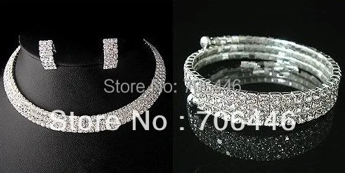 

Silver Wedding Jewelry Sets 3 Rows Rhinestone Diamante Necklace and Earrings Sets with Bracelet