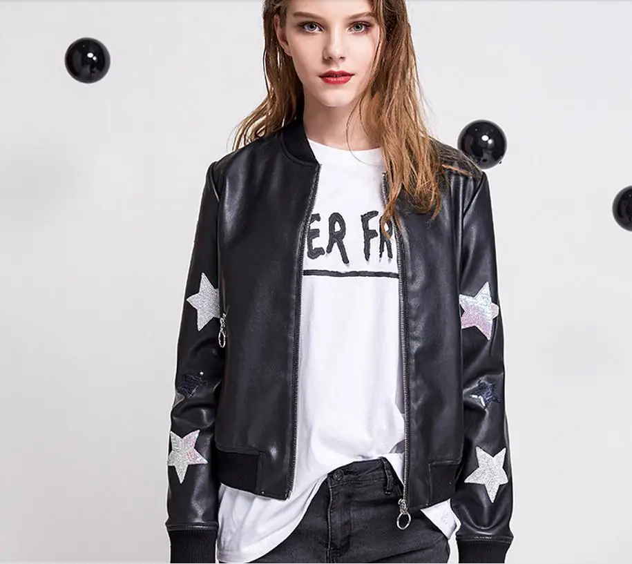2017 Весна осень модный бренд хорошее качество пайетки звезда узор кожаная куртка
