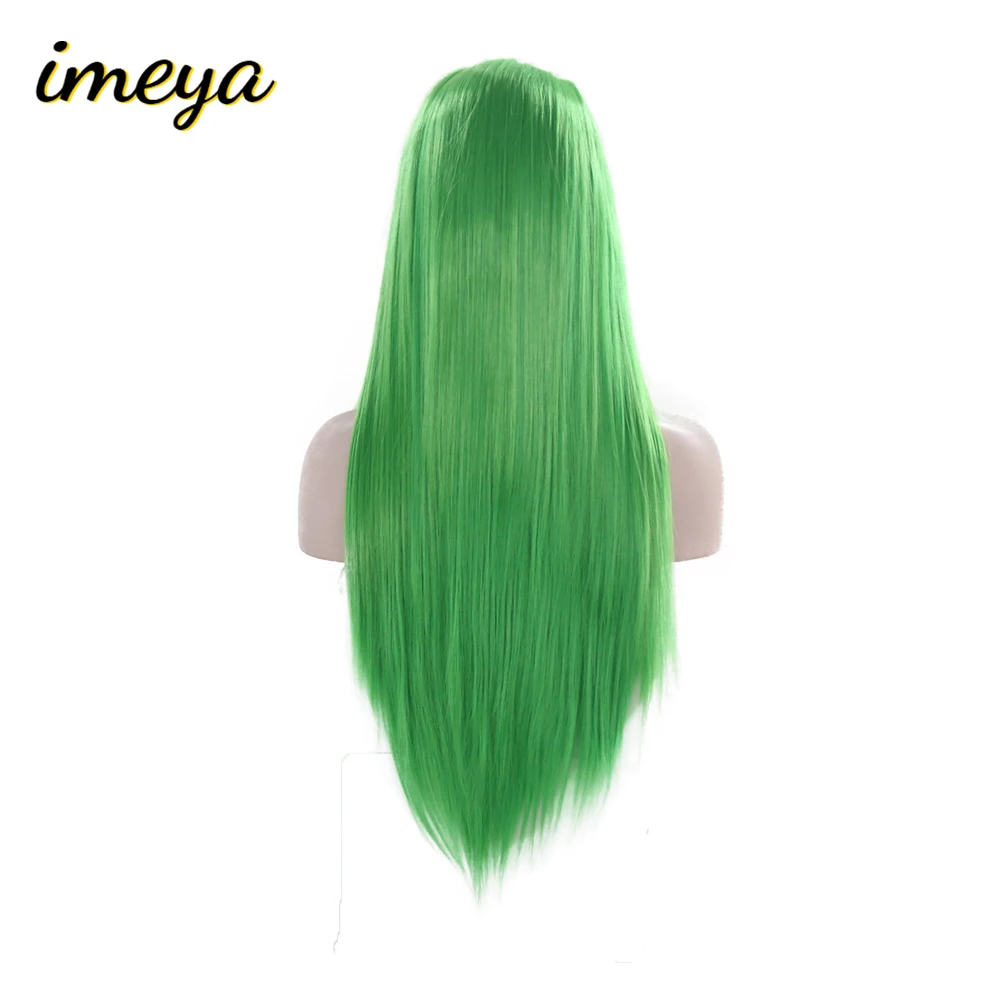 Imeya Long Silky Straight Lace Front Wigs Heat Resistant Half Hand Tied Synthetic Green Hair Cosplay Wigs For Women