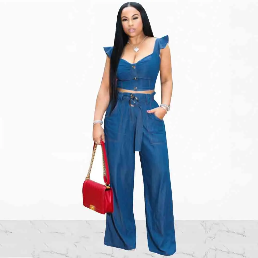 

Women's Solid Denim Patchwork Two Piece Set Sexy Ruffles Button Crop Top and Wide Leg Pants Female Jeans Tracksuits With Sashes