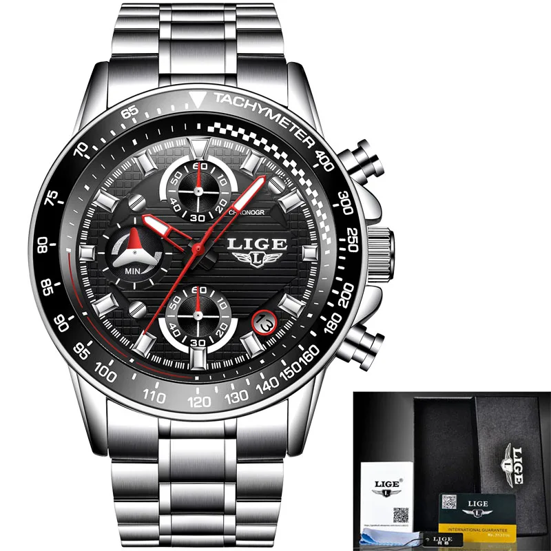 Silver black LIGE мужские часы Топ бренд класса люкс Модные Бизнес Кварцевые часы мужские спортивные полностью стальные водонепроницаемые черные часы relogio masculino - Цвет: Silver black