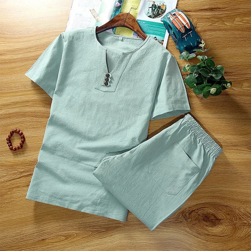 Комплект мужской из хлопка и льна тонкая футболка с коротким рукавом модный