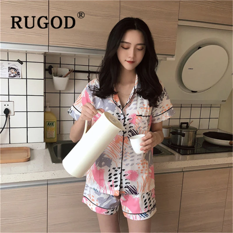 RUGOD Модные женские пижамы с принтом граффити корейский короткий рукав карманы