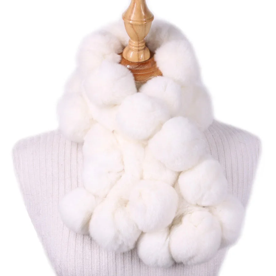 White YWMQFUR, женский зимний винтажный меховой шарф, Одноцветный, женский, теплый, утолщенный, шарфы из натурального меха кролика Рекс, шарики,, новое поступление - Цвет: White