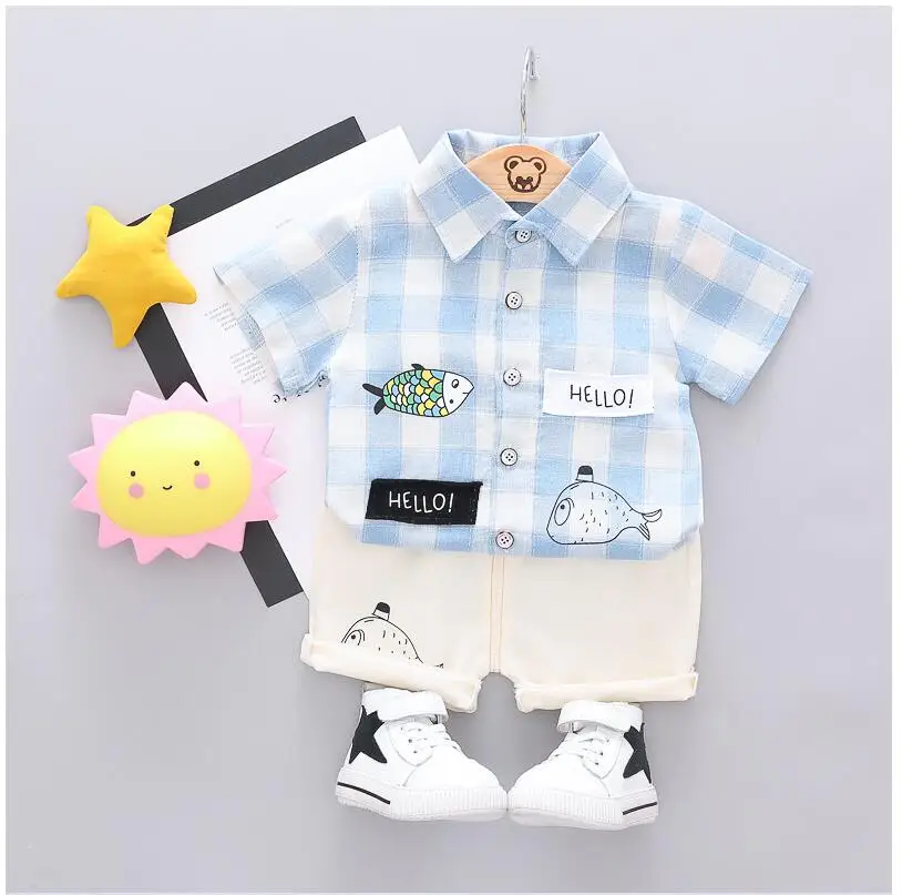 2019 Summer Baby Boy Clothing Sets Infant Toddler Clothes Suits Plaid Fish T Shirt Shorts Kids Children Costume |