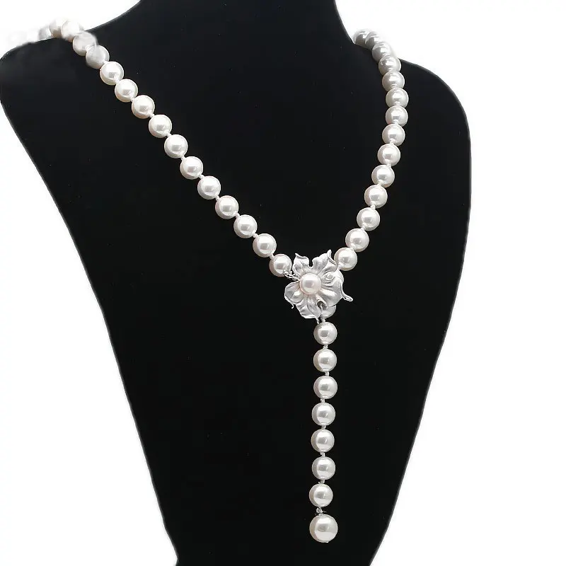 Newest Statement Women Shell Pearl Necklaces With 925 Sterling Silver Flower Magnetic Clasp SPN-D015