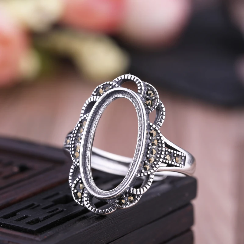 Art Deco Vintage 925 Sterling Silver Paty Ring 9.2x17.6mm Oval Cabochon Semi Mount Engagement Wedding for Amber Turquoise | Украшения и