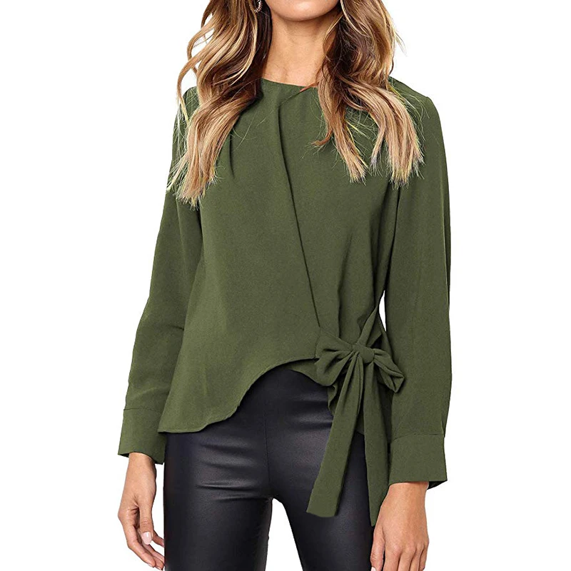 Women's Irregular Bow Tie O-Neck Blouses Casual Slim Long Sleeve Female Shirts Spring Autumn Fashion Solid Elegant Lady |