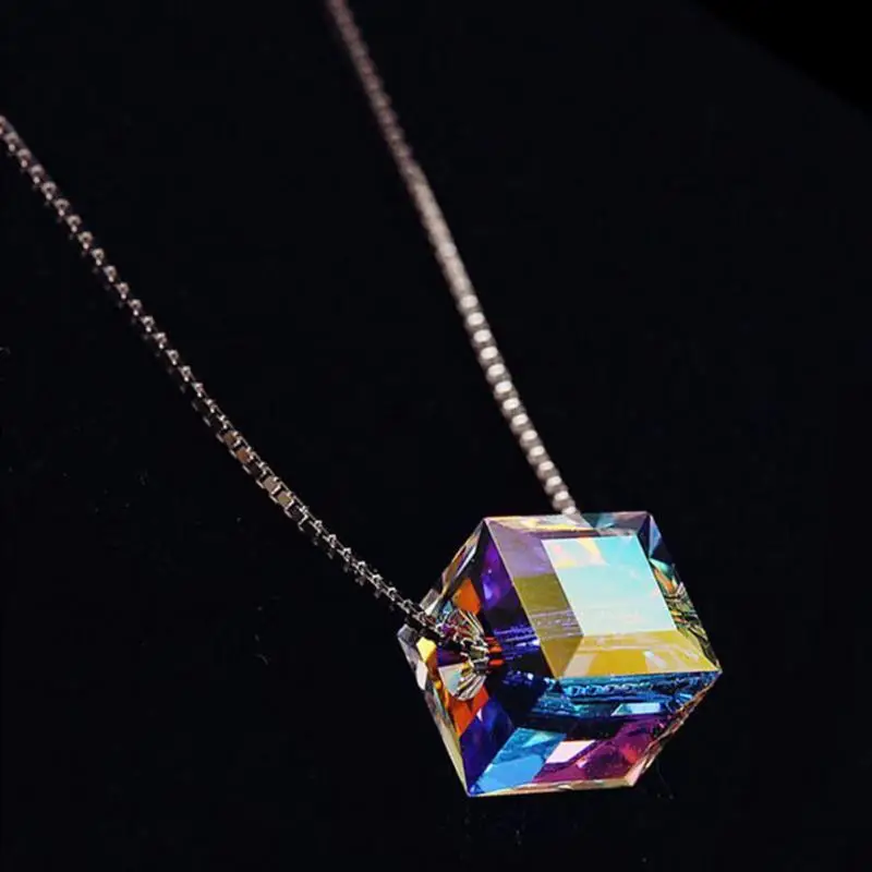 Для женщин кулон Цепочки и ожерелья s Silver Crystal Cube Four Leaf Clover цветок для ожерелье
