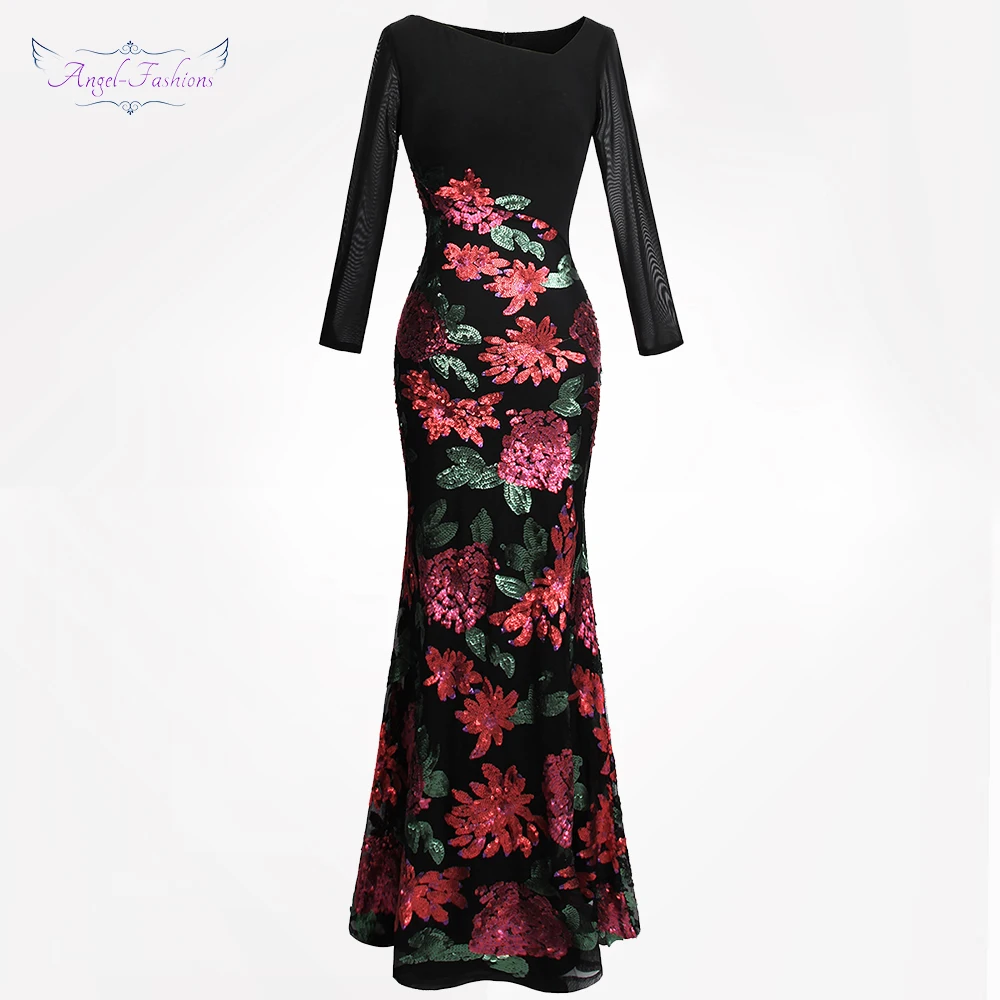 

Angel-fashions Women's Long Sleeves Embroidery Sequin Flowers Evening Dress Black 396