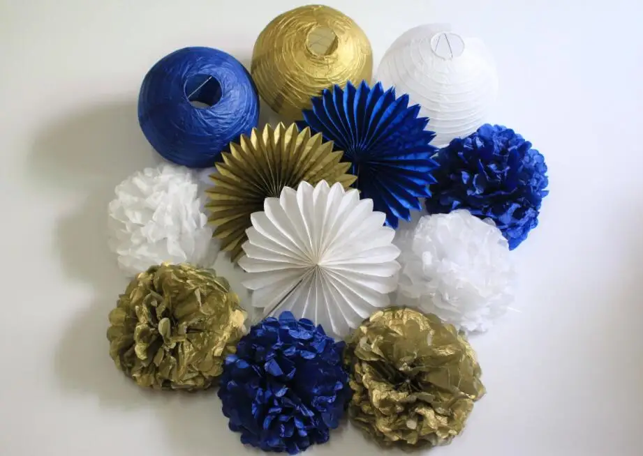 Набор из 12 темно-синих золотых Белых Бумажных помпонов бумажных фонарей