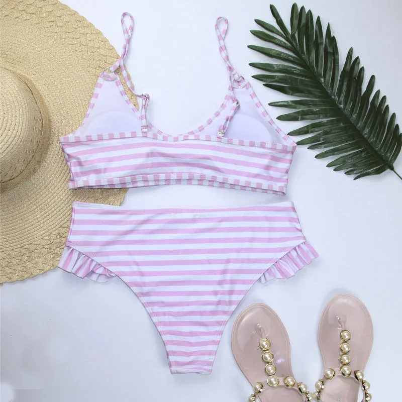 Новинка 2018 женский розовый комплект бикини в полоску бандажный купальный костюм