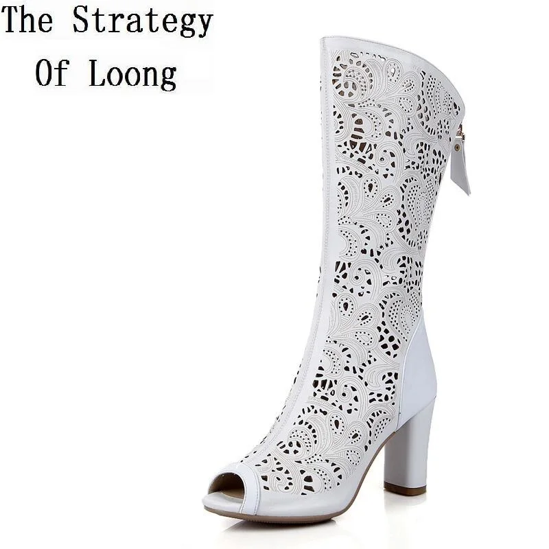 Босоножки женские из натуральной кожи открытый носок сетчатые до середины икры