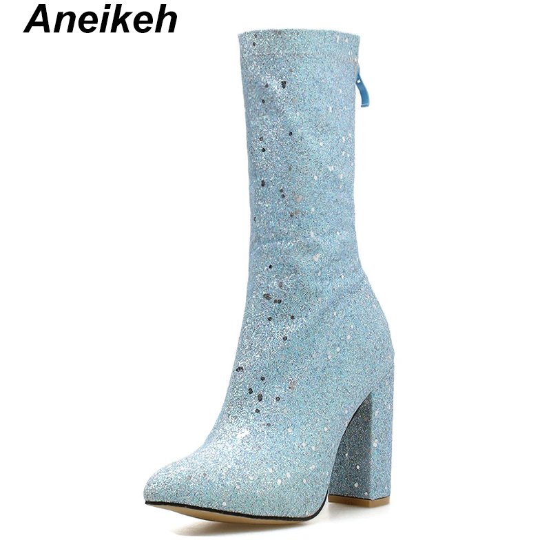 Aneikeh/ г. Женские ботинки из PU искусственной кожи для зрелых женщин летние сапоги до середины икры шикарное блестящее платье на квадратном каблуке с острым носком на молнии Свадебные Серебристые туфли с закрытым носком, Размеры 35-40