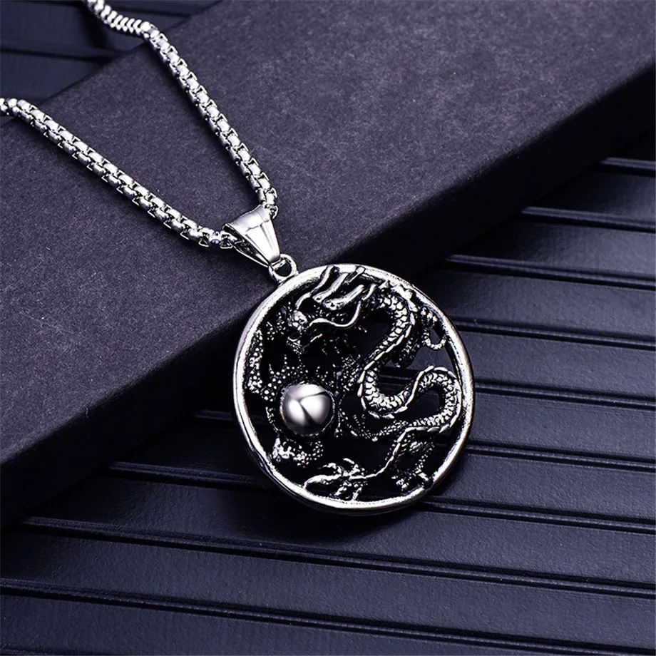 Купи Auspicious Chinese Dragon Pendant Necklace With Box Chain Stainless Steel Silver Color Jewelry Mascot Ornaments Lucky Gifts за 508 рублей в магазине AliExpress