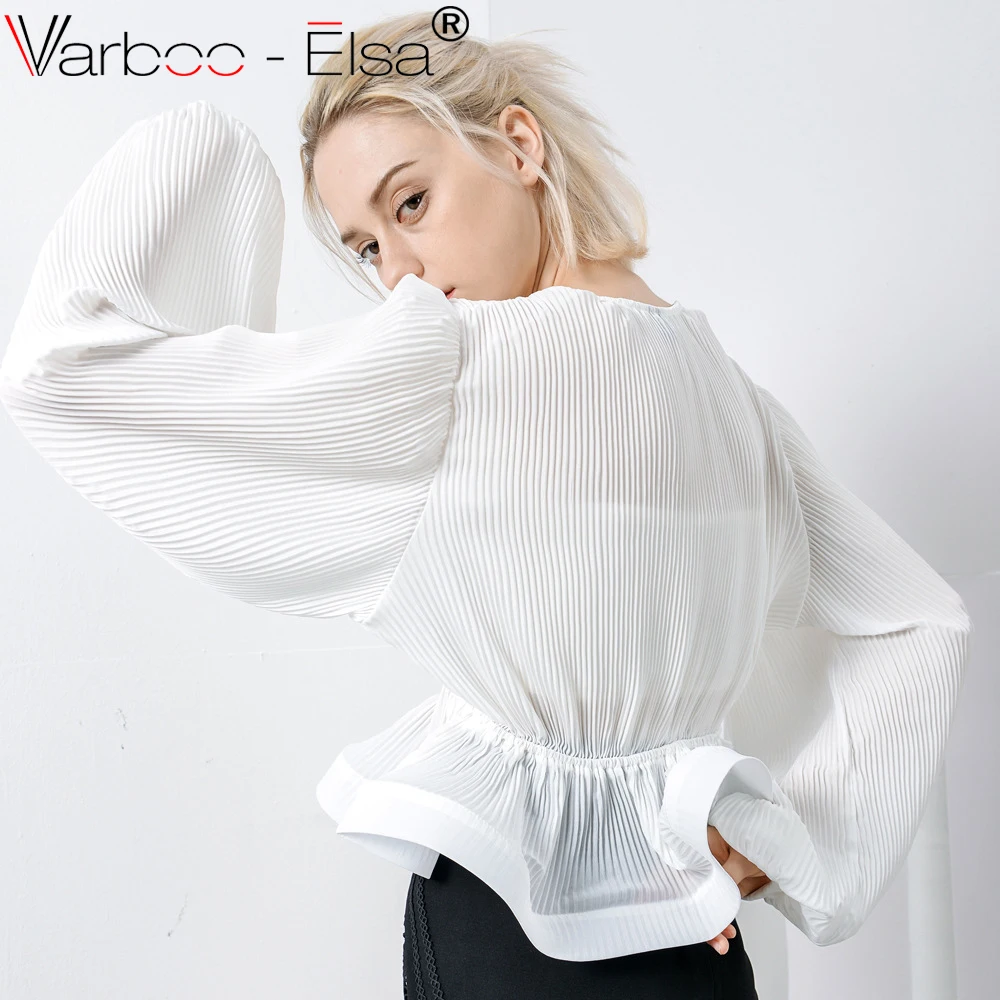 VARBOO_ELSA белая шифоновая рубашка женский рюшами Узелок v шеи Puff длинным рукавом Для