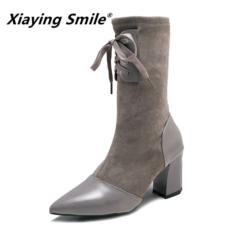 Женские ботинки до середины икры Xiaying Smile однотонные повседневные из флока с