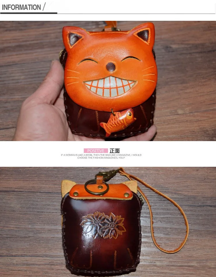 Кошелек из натуральной кожи для монет, кошелек с кошкой из мультфильма, мини кошелек ручной работы из воловьей кожи