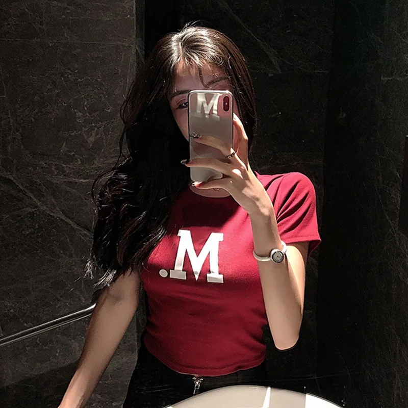 Облегающие Топы в гонконгском стиле с короткими рукавами и буквенным принтом