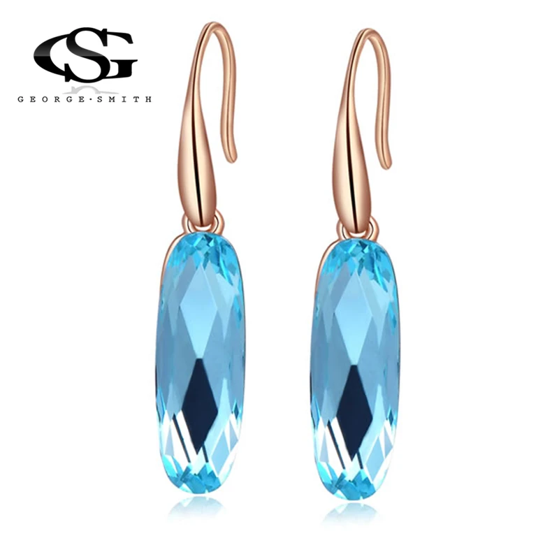 Роскошные серьги гвоздики GS цвета розового золота с цирконом и синим кристаллом