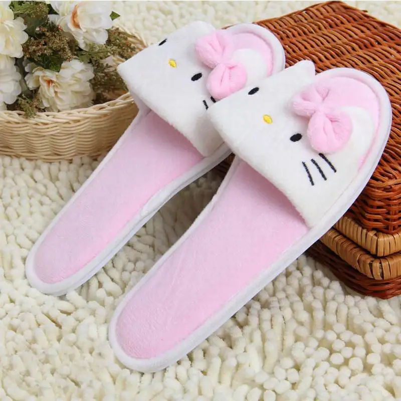 Розовый Милые домашние тапочки для девочек с рисунком «hello kitty»; милые домашние тапочки с бантиками; женская обувь - Цвет: Розовый