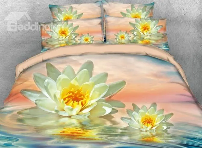 3D желтый лотос в озере Печатный Комплект постельного белья из 3
