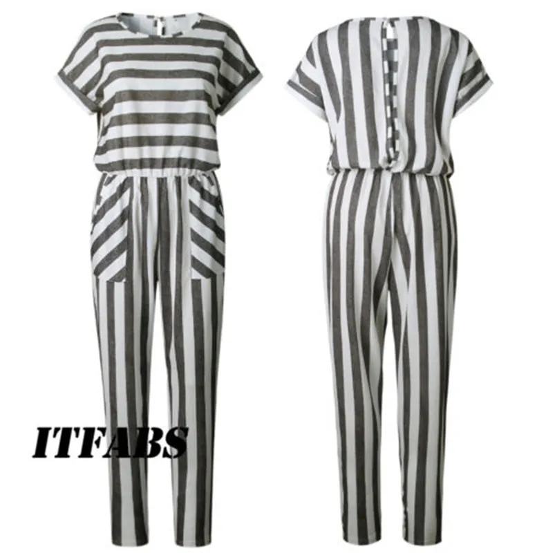 

Elegant Woman Summer Jumpsuit Fashion Women's Clubwear Playsuit Ladies Striped Short Sleeve Loose Jumpsuit Romper Long Trousers