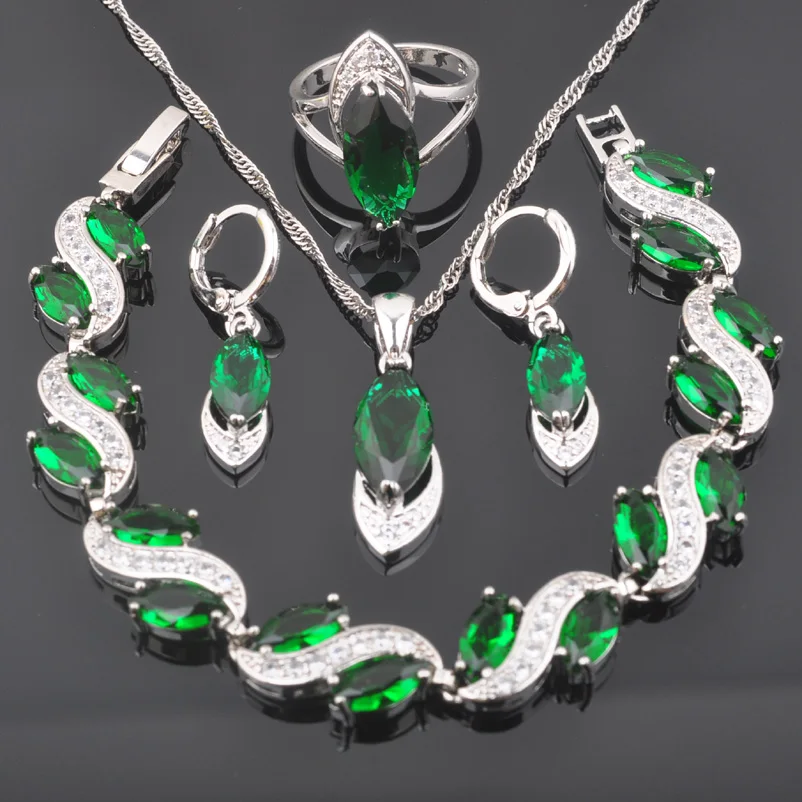 

2020 Fashion Green Zirconia Silver Color Women Jewelry Sets Bracelet Necklace Pendant Earrings Ring QS0429