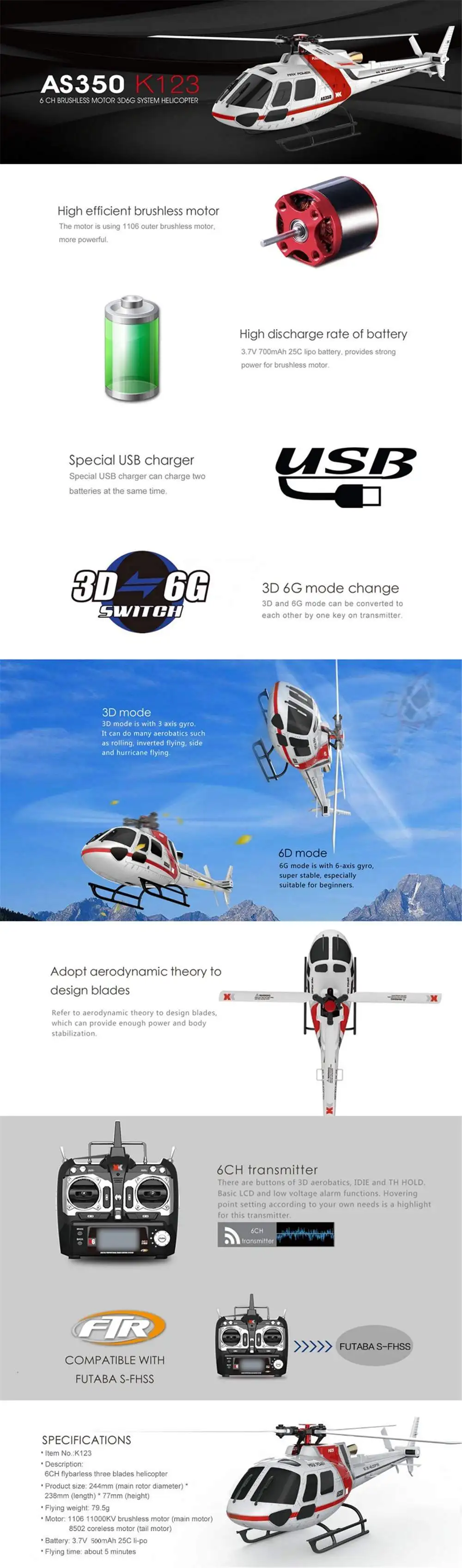 XK K123 6CH бесщеточная 3D6G система AS350 масштаб Радиоуправляемый вертолет совместим и 3,7 в 500 мАч Lipo батарея Дети Открытый игрушки подарки для мальчиков