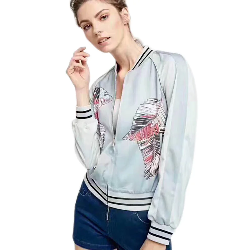 

Fashion Women Jacket Leaves Printed Stand Collar Long Sleeve Casual Coat H8