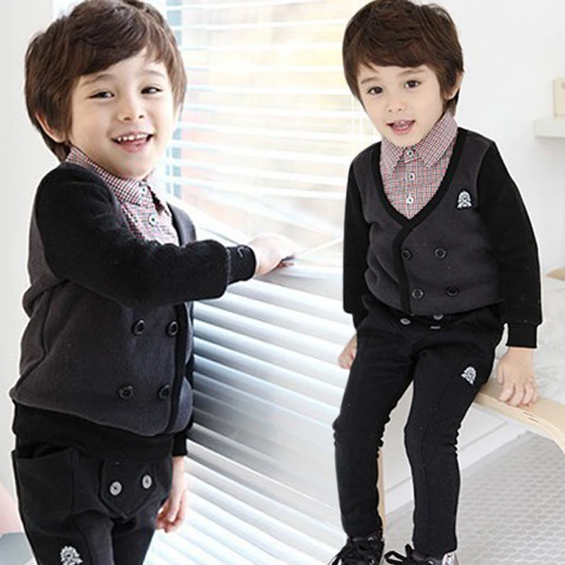 

CN 2-7T Children gentleman suit fine lattice collar long sleeve Shirt collar sweater+pants 2 sets Cotton+cashmere warm boy suit