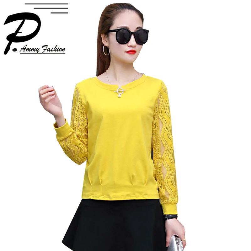 Женские рубашки большого размера из хлопка с круглым вырезом и длинными рукавами