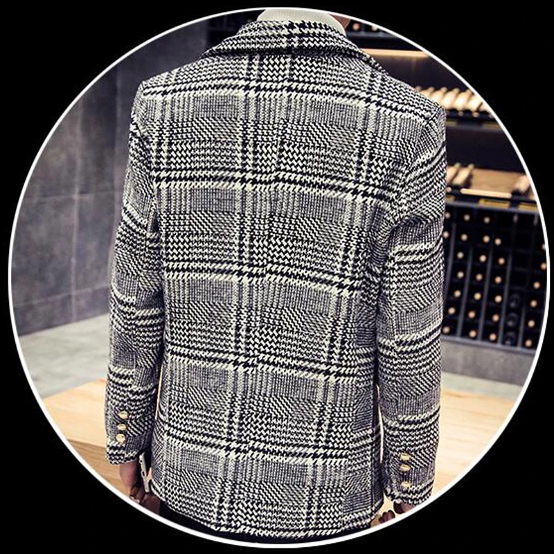 Korea Style Gird Plaid Woolen Trench Men Casual Slim Grid Wool Lengthen and Thicken Overcoat Size M-5XL | Мужская одежда