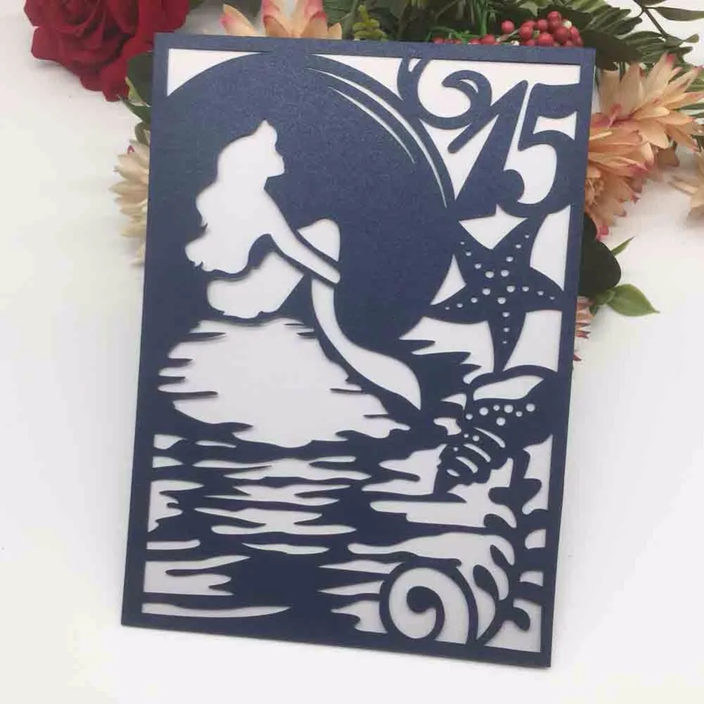 

100PCS Hollow Laser Cut Little Mermaid Wedding Engagement Design Invitation Card Custom Figure Birthday Events Invitation Cards