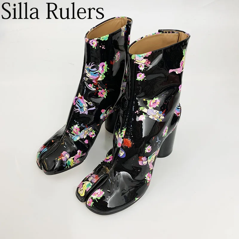 Runway Print Genuine Leather Split Toe Ankle Boots Woman Chunky High Heel Women Boots Black Roman boots zapatos de mujer