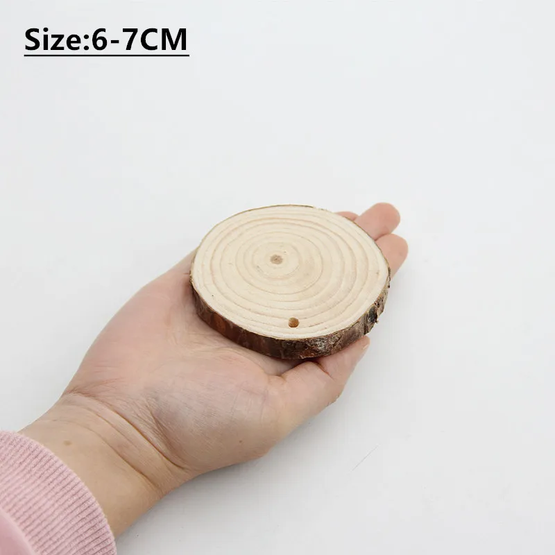 6-7CM 1 шт. натуральные круглые деревянные ломтики круги с круглыми отверстиями необработанные деревянные поделки DIY Дерево кора бревна диски Свадебная вечеринка Decorat - Цвет: 6-7CM