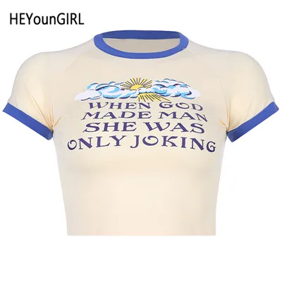 Слоновая кость HEYounGIRL Базовая футболка с буквенным принтом женская повседневная Harajuku Kawaii Женская футболка корейский стиль кроп-топы футболки хлопок Лето - Цвет: Слоновая кость