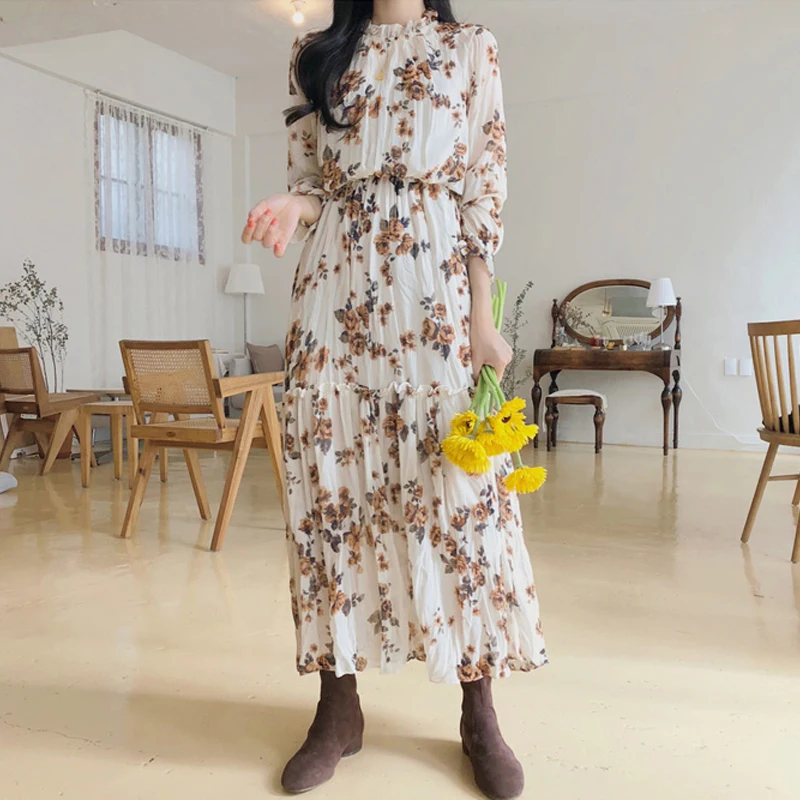 Повседневное Стенд воротник шифон платье с цветочным рисунком Для женщин платья