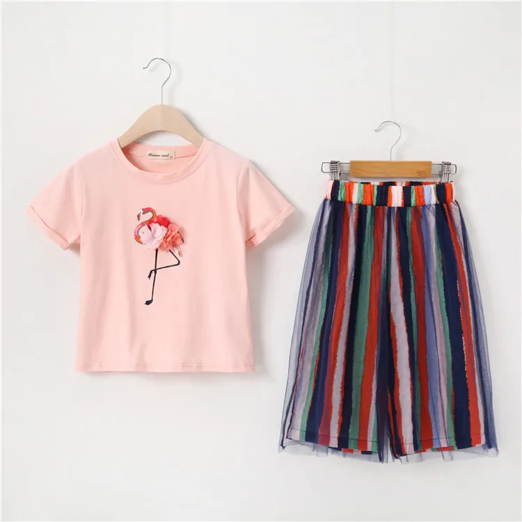 Striped Wide leg Pants Teenage girls clothing 2019 New Summer Clothes Cotton Printed Short-sleeve Tops two pieces sets 8 10 12 | Детская