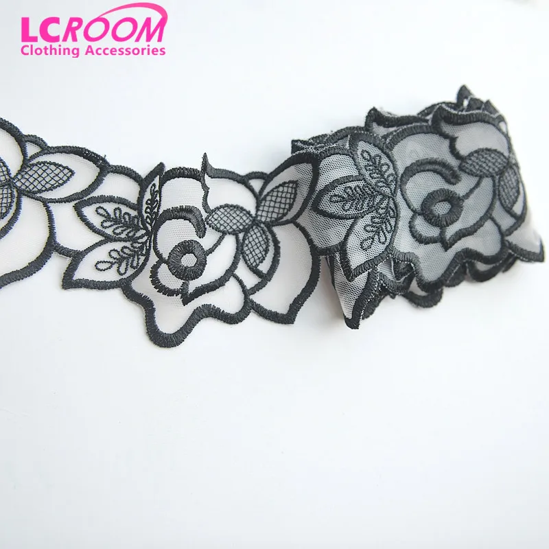 Высокое качество 7 см широкий черный сетка вышивка кружевной ткани DIY платье