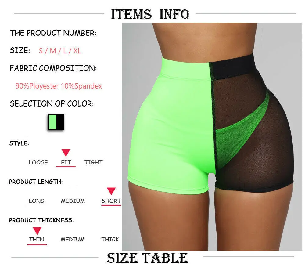 

2019 Women Sport Shorts Mesh Patchwork Design See Through Shorts Fashion Mid Waist Elastic Hip Shorts Ladies Streetwear Shorts
