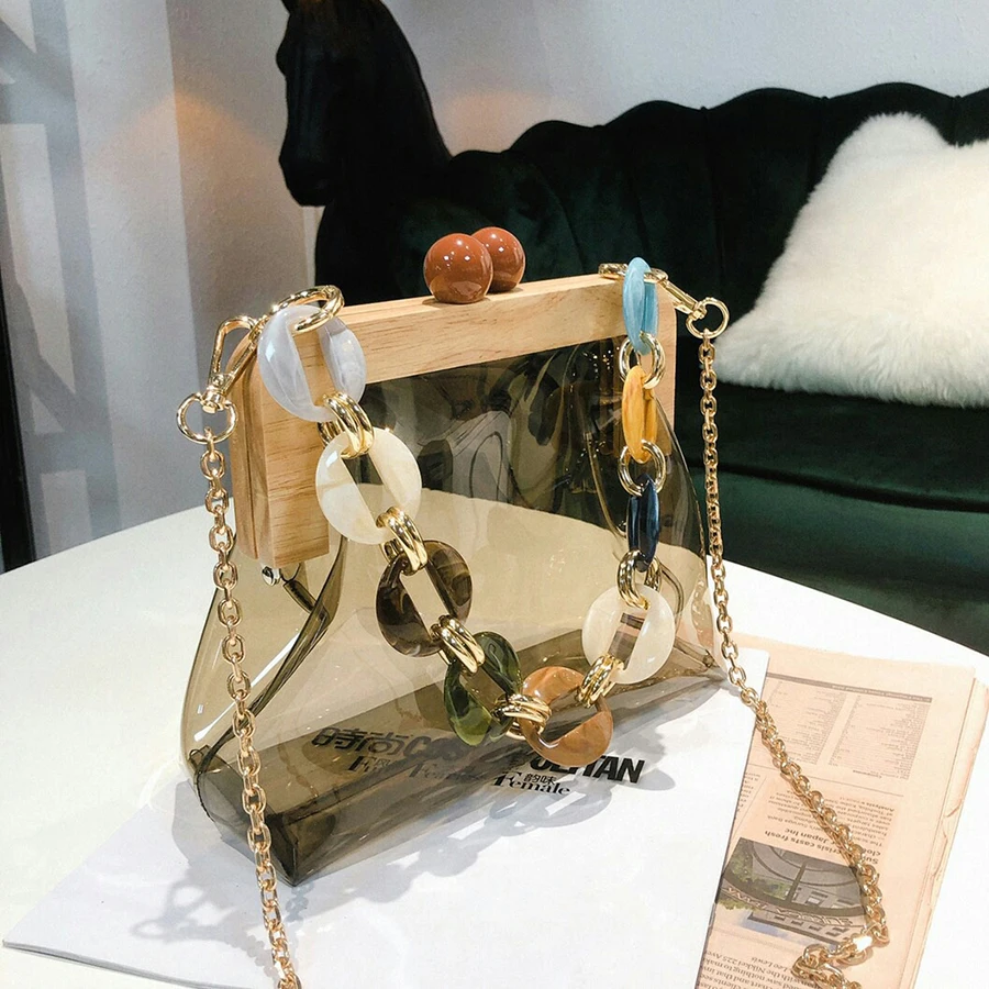 Wood Clip PVC Clear Jelly Handbag Woman New Designer Korean Acrylic Chain Transparent Jelly Shoulder Bag Clutch Female