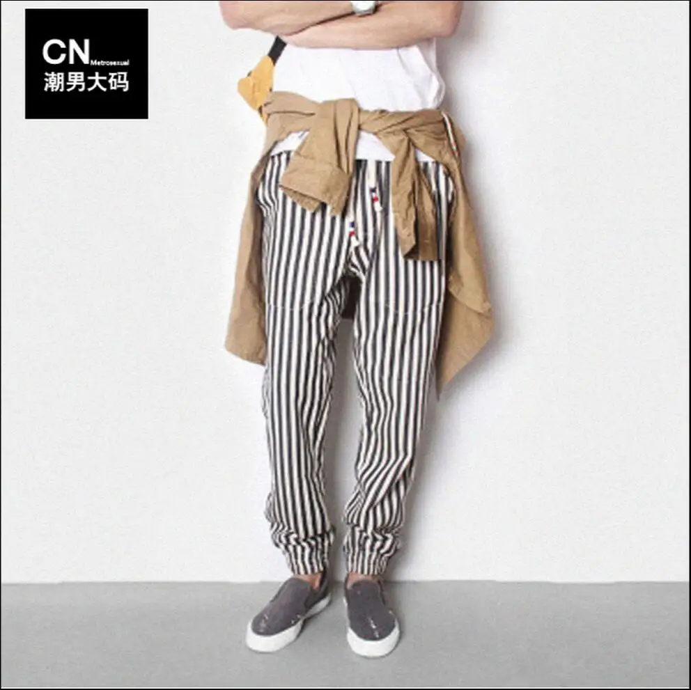 Hot 2021 New Men Black And White Vertical Stripe Denim Harem Pants Casual Skinny Trousers Plus Size Clothing Singer Costumes