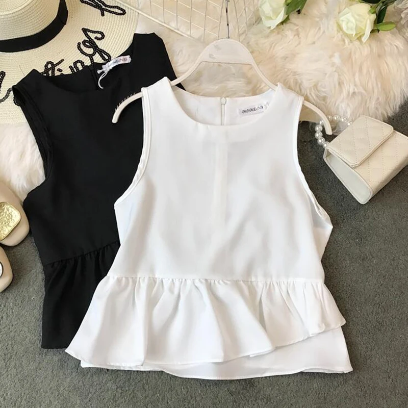 Шифоновая летняя одежда для студентов 2019 Женская Однотонная рубашка в Корейском