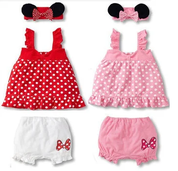 

Lovely baby girl 3-piece suit: mouse ears' headband + polka dot dress + white shorts/ 2 colors: Pink and Red