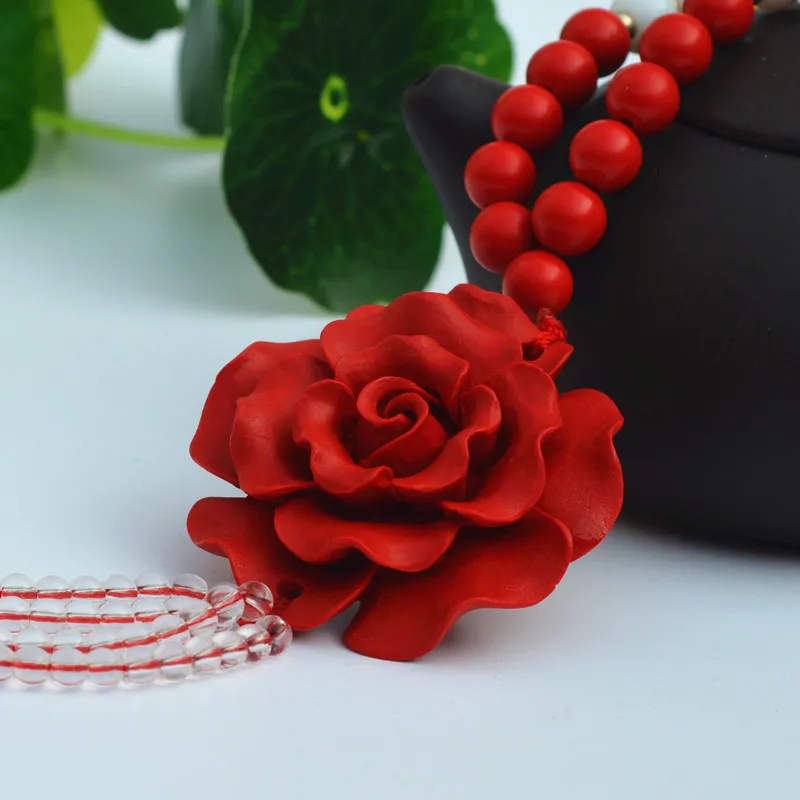 Цепочка с подвеской в виде красного циннабара круглые бусины резной кулон цветка