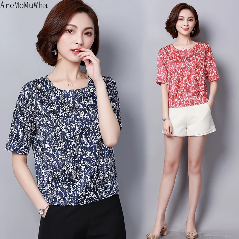AreMoMuWha Silk Satin Short-sleeved Shirt 2019 Summer New Fashion Small Slim M-4XL shirt Female Womens Shirts MH257 | Женская одежда