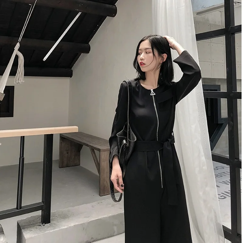 2018 Комбинезоны для женщин с высокой талией черные комбинезоны на молнии широкие