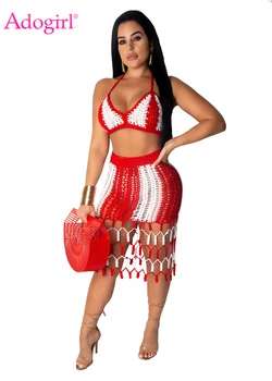 Adogirl Color Patchwork Hand Crochet Beach Dress Two Piece Set Hollow Out Bra Top Bodycon Midi Skirt Summer Women Clothing 1