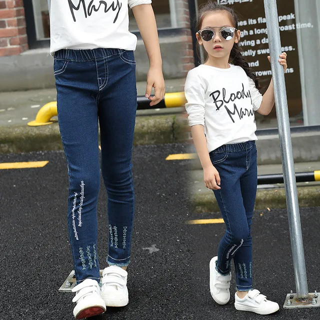 

Джинсы для больших девочек с эластичной резинкой на талии, порванные облегающие штаны, От 2 до 10 лет, весенне-осенние брюки, повседневные кор...